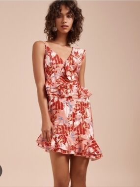 C/MEO Collective Red & Pink Floral Ruffle Mini Dress, NEW, Size Small